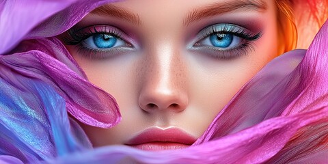 Close-up of a woman's face with vibrant makeup framed by colorful fabric during a creative beauty shoot
