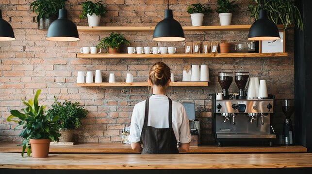 Barista brewing coffee, cozy urban , photography, rustic decor with greenery, warm lighting, inviting atmosphere