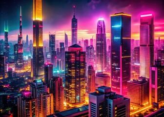 Fototapeta premium Vintage photo: cyberpunk skyline bursts with pink and yellow neon, a futuristic night's glow.