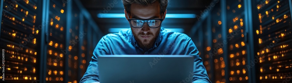 Poster man using laptop while standing in a server room surrounded by computer servers and equipment