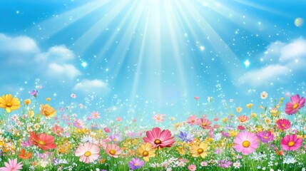Fototapeta premium Heavenly Spring Meadow: A Vibrant Tapestry of Blossoms Under a Radiant Sun