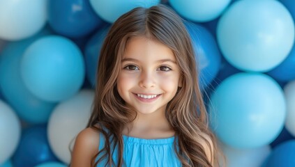 Naklejka premium Adorable Little Girl Smiling Amidst Blue Balloons