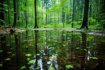 Fototapeta premium A tranquil forest scene featuring lush greenery and a reflective pond surrounded by tall trees, creating a serene natural atmosphere.