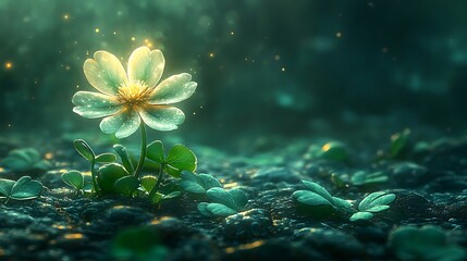 Enchanted Bloom: A single, luminous flower blossoms amidst a mystical, dark green landscape, its petals glistening with dew, surrounded by shimmering particles.