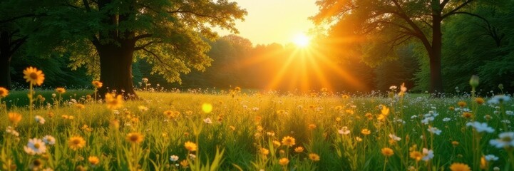 Obraz premium Golden hour illuminates vibrant green trees and wildflowers in a sun-kissed summer meadow , sunshine, trees