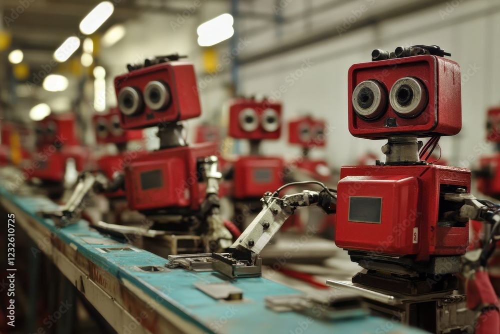 Poster robot assembly. a row of red robots efficiently working on an assembly line, showcasing advanced aut
