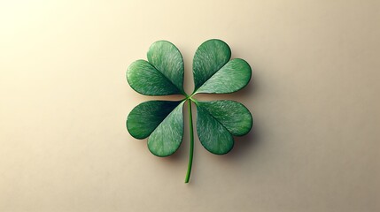 Four-Leaf Clover:  A symbolic four-leaf clover, a token of good luck and prosperity, rests against a soft beige background. The clover's green leaves are vibrant, and its stem delicate.