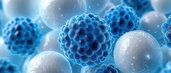 Group of blue and white spheres arranged on a white background with soft shadows and highlights