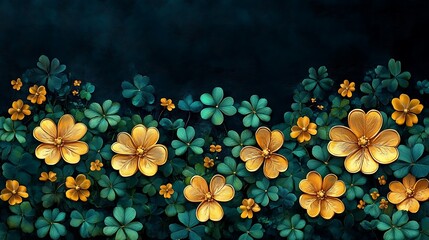 Golden Clover Bloom: A mesmerizing floral arrangement of golden clovers nestled amongst vibrant green foliage against a rich teal backdrop, evoking a sense of ethereal beauty and prosperity.
