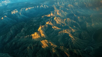 Grand Canyon aerial view during twilight, with shadows emphasizing the rugged terrain