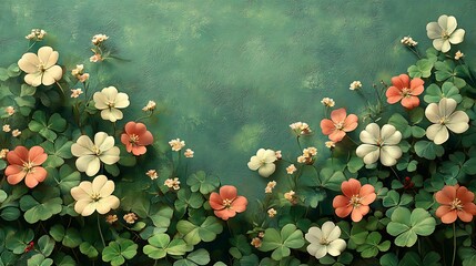 Floral Tapestry: Delicate blossoms in creamy white and soft coral hues, nestled amongst lush green clover leaves, create a serene and elegant floral arrangement.