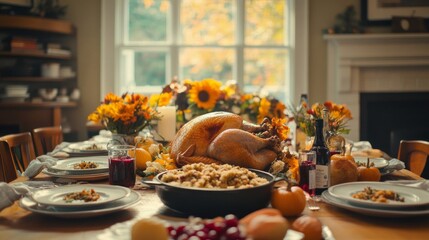 A Thanksgiving Feast: Roasted Turkey and Seasonal Side Dishes on Rustic Table