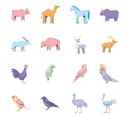 Set of vector icons of animals on white background