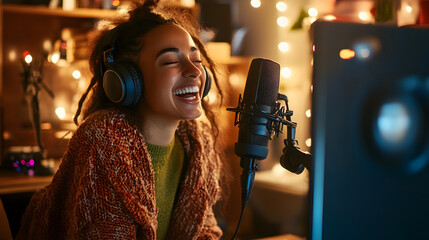 podcaster laughing while adjusting her microphone in a cozy, well-lit recording space 