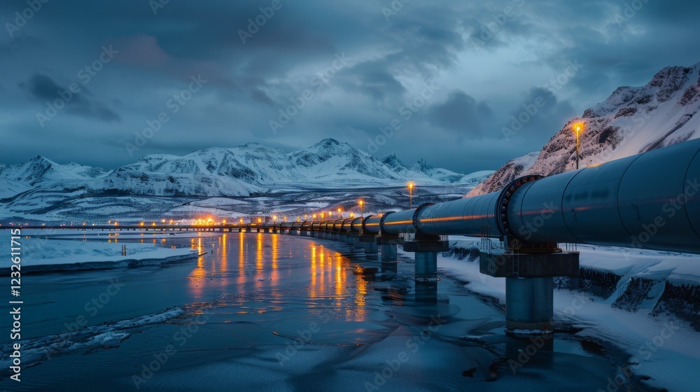 Poster Pipeline stretches across a snowy terrain, with reflections shimmering on frozen water. Mountains loom in the background under a twilight sky, illuminated by soft glowing lights.