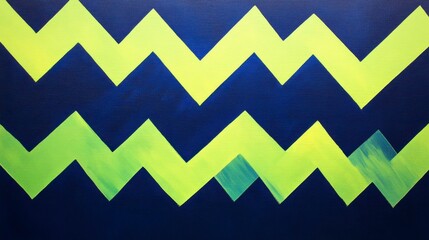 Hard-edge abstract featuring alternating zigzag patterns in navy blue and neon green