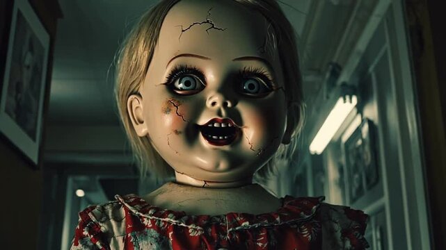 Close-up of giant monster creepy doll in the dark corridor. Fast moving eye. Horror, nightmare, Halloween themed