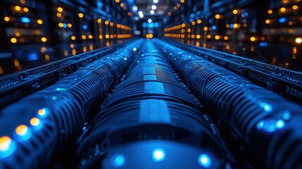 Row of computer servers in a data center with blinking lights and cooling system equipment
