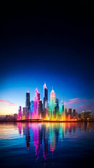 Fototapeta premium Futuristic Neon Skyline Reflecting on Water at Dusk