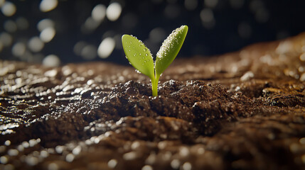 A small green sprout breaks through dark, moist soil, glistening with water droplets in a softly illuminated setting. The delicate leaves symbolize new beginnings and growth