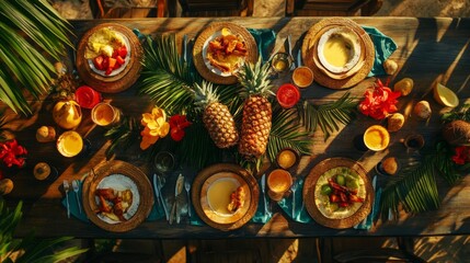Naklejka premium Tropical Feast: Sunlit Summer Table Setting with Pineapple and Exotic Fruits