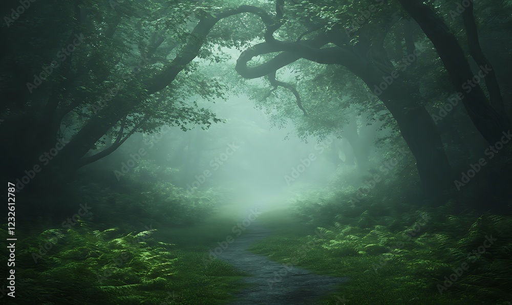 Poster Mysterious fog envelops a lush forest path, creating an ethereal atmosphere.
