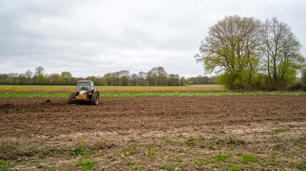 Obraz premium A tractor works the soil in an empty field filled with spring flowers, amidst a green landscape under overcast skies, capturing the essence of agricultural life in early spring