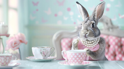 Charming rabbit in a polka dot dress and pearls, sitting at a tea party table, pastel background advertisement