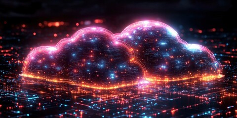 Two glowing clouds in a dark sky at night with starry background and soft illumination