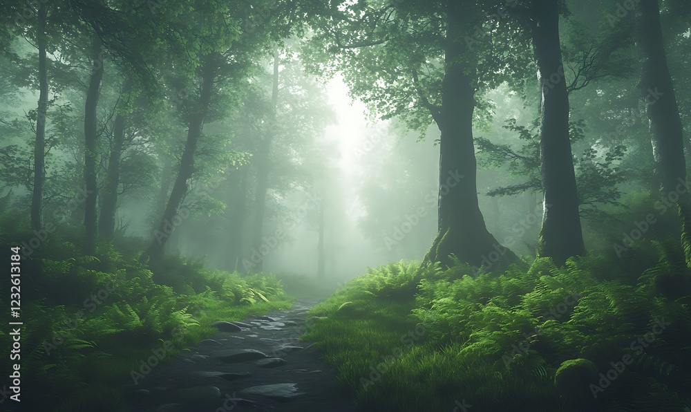 Poster serene forest scene with mist, lush greenery, and a winding path inviting exploration.