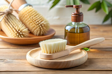 sustainable living, A wooden brush rests on a round plate beside a bottle of oil, with additional brushes in the background, evoking a spa-like, natural ambiance.
