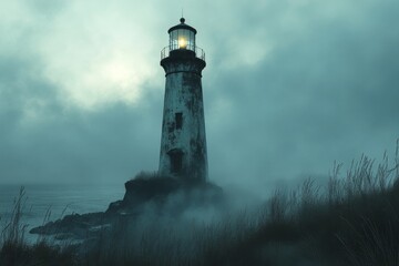 Abandoned lighthouse in night fog