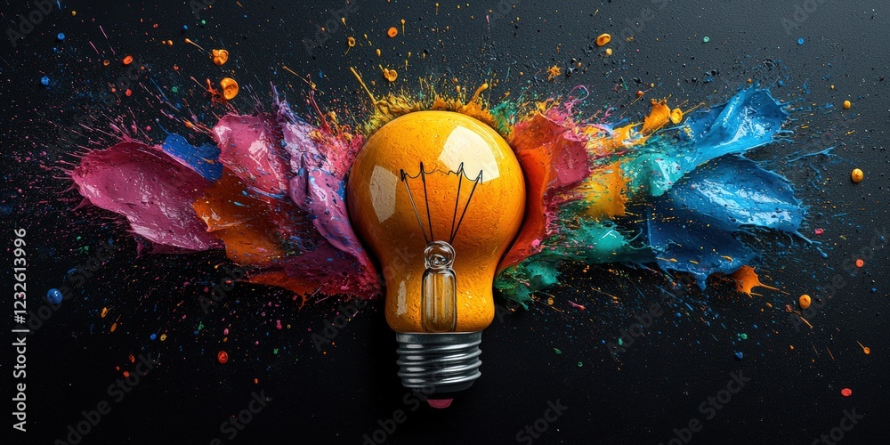Poster light bulb surrounded by colorful paint splashes creating an artistic and vibrant visual effect