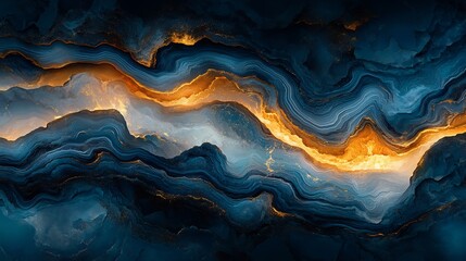 Fototapeta premium Abstract swirling deep blues and fiery golds create a dramatic visual aesthetic. AI Generated