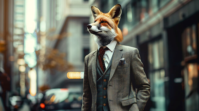 apper fox in a three-piece suit, walking confidently in a city street, urban fashion
