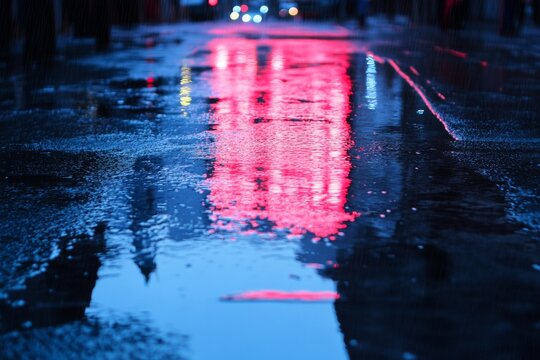 Neon signs reflecting in rain puddles