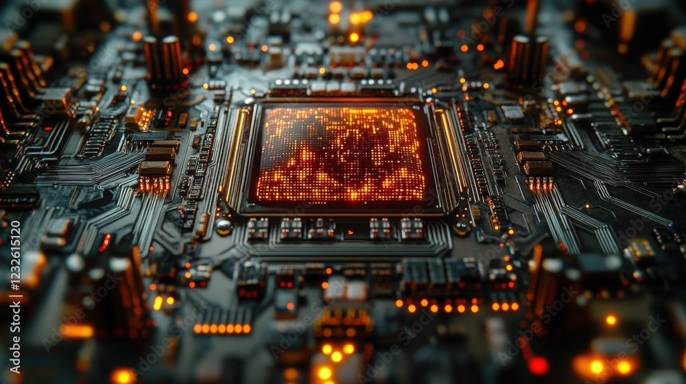 Poster close up image of a computer chip with detailed circuitry and components on a green background
