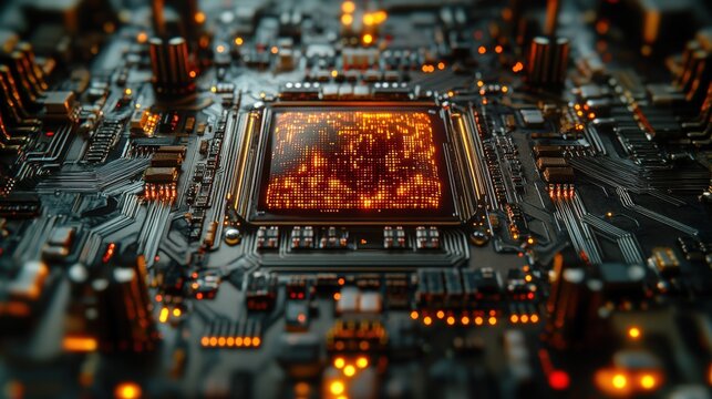 Close up image of a computer chip with detailed circuitry and components on a green background