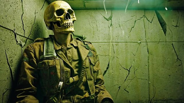 The room is inside a destroyed bunker, with green radioactive mist seeping through cracks. The skeleton wears a gas mask and has an old military uniform