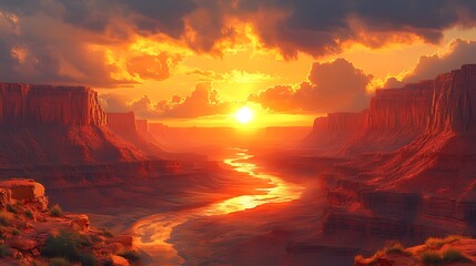 Canyon sunset river landscape, fiery sky, dramatic clouds, nature