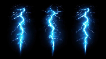 Electrifying Blue Lightning Bolts: A mesmerizing display of nature's raw power, captured in stunning detail against a stark black backdrop. Feel the energy!