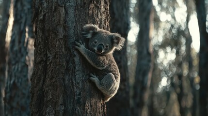 A baby koala clinging to the trunk of a eucalyptus tree in the wild, with the forest setting all around.