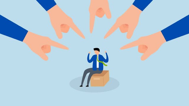 Toxic work, 4k animation of enormous manager fingers indicating and accusing a troubled employee. 