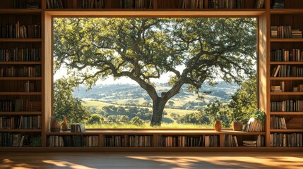 Fototapeta premium Tranquil library bathed in sunlight, showcasing a captivating view of a sprawling landscape through a large window. Books line the shelves, creating a peaceful and inspiring atmosphere.