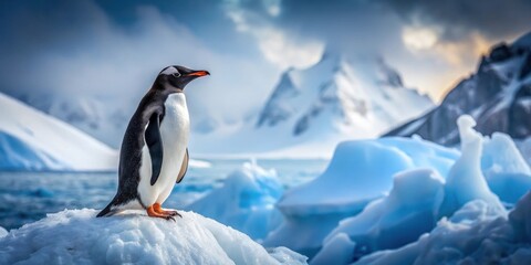 Obraz premium A majestic penguin standing proudly on a rocky outcrop surrounded by snow and ice, with its feathers ruffled by the wind , bird