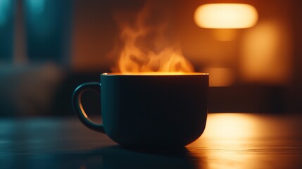 Obraz premium Coffee steam rising from a closeup cup cozy indoor setting beverage photography warm lighting artistic concept
