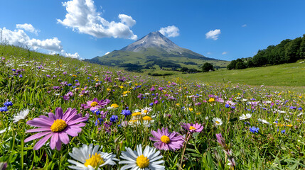 Fototapeta premium Wildflower meadow, mountain backdrop, sunny day, travel postcard