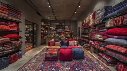 Textile shop interior, rugs, pillows, display, showroom, ambiance, retail, shopping