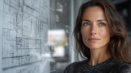 Thoughtful woman analyzing architectural blueprints in a modern office setting
