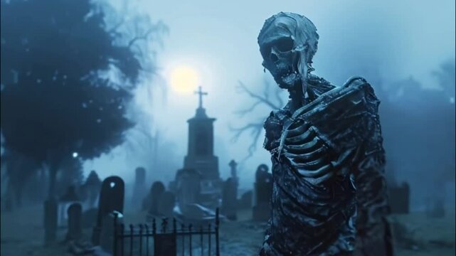 Scary sinister mummy wandering in street with dramatic lighting on Halloween, abstract vivid composition consists of fictional unreal fantastic vision on background